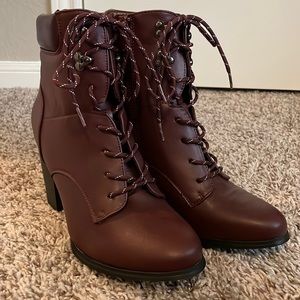 heeled maroon lace up boots
